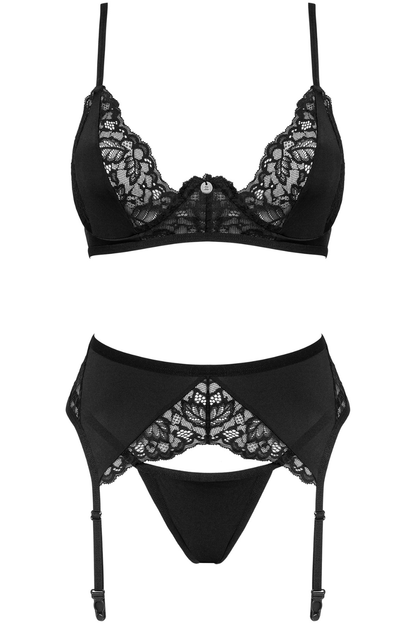 Obsessive Bellastia Bra, Thong & Suspender Black